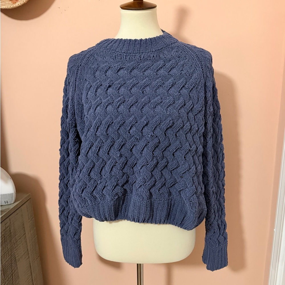 Kendall & Kylie Cropped Heathered Slate Blue Cable Knit Crewneck Sweater Sz M